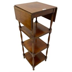 19th century walnut four-tier what-not or stand, drop-leaf top over three tiers, on turned supports