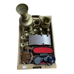 Art Nouveau brass door knocker, large Eastern brass vase, pair of 'Jaguar' binoculars, candlesticks etc in one box