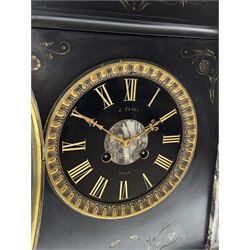 A mid-19th century mantle clock in a Belgium slate case with a French striking movement, breakfront case with a flat top and arched pediment, incised gilt decoration and two reeded variegated marble columns to the front with applied brass ring lion handles to the sides, 6” black slate dial with gold incised Roman numerals and brass fleur di Lis hands, cast bezel with a flat bevelled glass and egg and dart decorated slip, dial inscribed  “J Perry, Paris”, eight-day rack striking movement, striking the hours and half hours on a coiled gong. No pendulum or key.  
French clocks exported to England were frequently signed by the retailer  rather than the actual maker, John Perry (&Son) are recorded as working in London 1839-57 (1863-81).  
