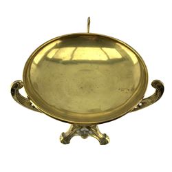 Large Art Nouveau brass centrepiece, the plain circular bowl supported by an openwork triform frame with stylized cast and pierced decoration, on conforming scroll supports, unmarked, H38cm x W35cm 