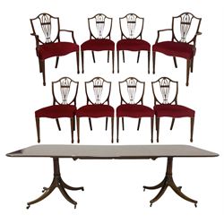 William Tillman - mahogany twin pillar dining table with two additional leaves, raised on two turned columns leading into four splayed supports, together with set eight dining chairs, with shielded backs and pierced splat, raised on squared tapering supports 