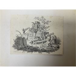 Haatje Pieters Oosterhuis (Dutch 1784-1854): Original Designs for Book Illustrations, set ten watercolours each signed, some dated 1825, 12.5cm x 7.8cm (10)
Notes: illustrations depict jungle, gladiator, war and travel scenes, one frontispiece references 'La Fontaine Florian'. Many of Oosterhuis' illustrations were created for kinderboeken (children's books), and his works can be found in Dutch museums such as the Rijks. 
