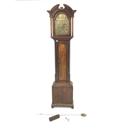 George III oak and mahogany banded longcase clock, broken arch hood over floral incised frieze and plain pilasters, brass dial with Roman and Arabic chapter ring, inscribed 'Edm Whitehead, Whetherby' eight day movement with pendulum and one weight