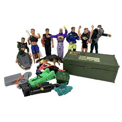 Action Men and accessories, including Hasbro 1995 Dr X, six Action Man figures various dates and hair types, spare clothing, Action Man accessories box, swords, guns and other weapons etc