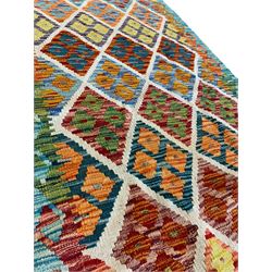 Chobi Kilim cyan ground runner rug, the field decorated with all-over lozenges of multi-colours with ivory outlines, the border with further diamond motifs