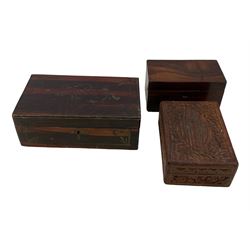 19th century rosewood tea caddy, carved Indian box and a jewellery box (3)