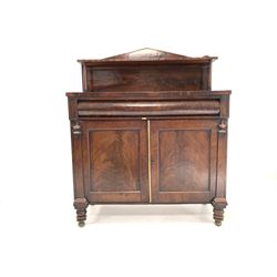 Early 19th century mahogany chiffonier side cabinet, the raised arched back with open shelf over cushion frieze drawer and two panelled cupboards, raised on turned supports W106cm, H131cm, D44cm