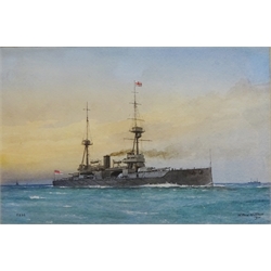  William Frederick Mitchell (British 1845-1914): 'H.M.S Neptune Battleship' watercolour signed, dated 1911 and numbered 2936, and 'H.M.S Collingwood Battleship', watercolour after Mitchell bears signature and date 1913, 15cm x 24.5cm and 16cm x 24.5cm (2)  