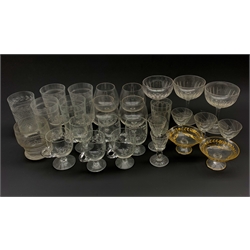 Collection of 19th century and later glassware including three faceted champagne bowls, two engraved and gilt short stemmed glass bowls, custard cups etc 