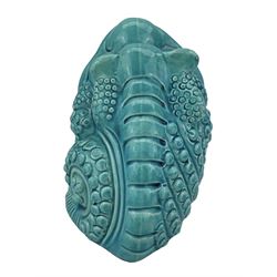 Burmantofts Faience turquoise-glaze spoon warmer modelled as a grotesque seated toad, impressed factory marks beneath, model no. 451, H13cm