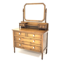 Early 20th century oak dressing chest, canted bevelled edge mirror with barley twist supports, two small trinket drawers, two short and two long drawers, W107cm, H161cm, D52cm