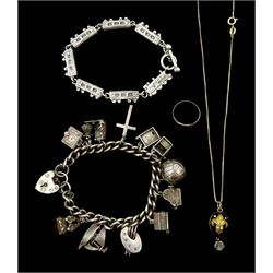 Silver charm bracelet, charms including football with goal keeper within, dog kennel, artists pallet, type writer and grand piano, silver Venice-Simplon Orient Express train link bracelet, ring and egg pendant necklace