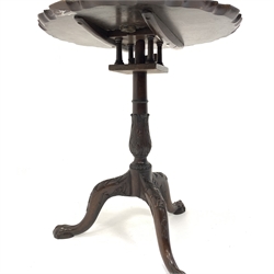  Georgian mahogany occasional table circular top with pie crust edge and bird cage bracket raised on leaf carved pedestal and triple splay supports with ball and claw feet, D62cm, H72cm  