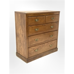 Early 20th century chest fitted with two short and three long graduated drawers, raised on a skirted base 