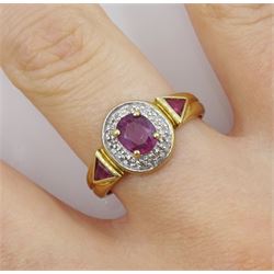 Gold oval ruby and diamond chip cluster ring, with trillion cut ruby shoulders, hallmarked 9ct