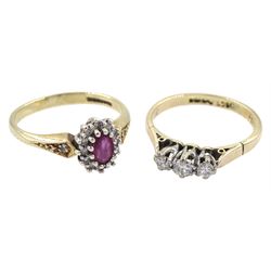 Gold three stone diamond ring, stamped 18ct Plat and a gold ruby and diamond cluster ring, hallmarked 9ct