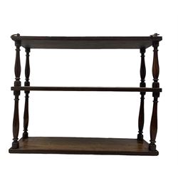 Early 19th century oak and stained beech three-tier hanging wall shelf, reed moulded edge over turned spindle supports