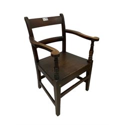 19th century elm Lancashire spindle back chair with upholstered seat (W54cm); 19th century high ladder back chair with rush seat; 19th century oak elbow chair with high seat; beech spindle back chair (4) 