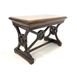  Early 20th century Arts and Crafts style oak and stained pine communion table, with carved panel end supports united by stretcher, W122cm x 62cm, H80cm  