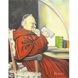 English School (20th century): Monk Drinking, oil on canvas indistinctly signed and dated '57, 79cm x 63cm