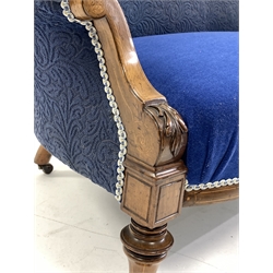 Victorian mahogany framed three seat sofa, scrolled serpentine cresting rail over swept arms, covered in blue fabric with a central needlework oval panel, raised on turned supports, all over box wood sting inlay, W170cm, H90cm, D72cm