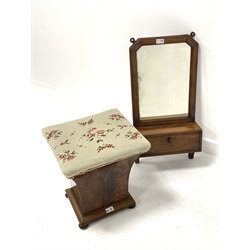 Victorian figured mahogany ottoman, with needlework upholstered top lifting to reveal fabric lined interior, (W39cm) together with a Victorian mahogany wall hanging mirror with fall front trinket box (W36cm)