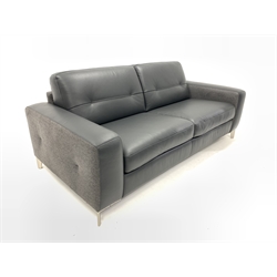 Contemporary three seat leather sofa bed upholstered in charcoal grey leather, raised on angular brushed metal supports, W200cm