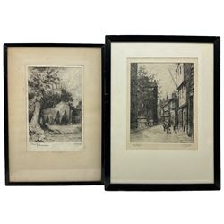 Thomas Bonfrey Burton (Beverley 1886-1941): 'The Street' Hull and 'Hornsea Chruch from the Old Hall Garden', near pair etchings signed and titled in pencil, dated 1921 and 1919 in the plate max 29cm x 23cm (2)