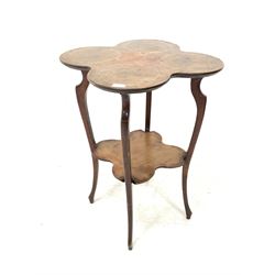 Early 20th century walnut occasional table, the top of square lobed design with inlaid stringing raised on slender shaped supports united by under tier W51cm x 51cm, H76cm