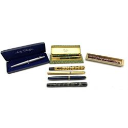 Burnham fountain pen with 14ct gold nib in marbled case with matching propelling pencil, cased, Lady Sheaffer fountain pen in case and five other pens