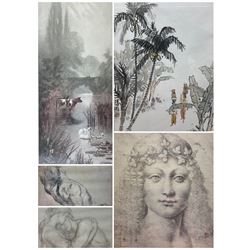 Giovanni Bacco, print after Leonardo 48cm x 33cm with two other sketches, a Chinese ink painting and a print (5)