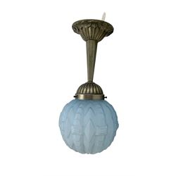 Art Deco pendant light fitting, with blue frosted glass shade, of globular form, with brushed metal faceted and fluted fitting, Drop 34cm x W17cm 