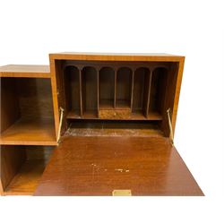 Art Deco walnut combination bookcase and correspondence bureau, fitted with fall-front enclosing fitted interior with drawer, over single cupboard door with two shelves