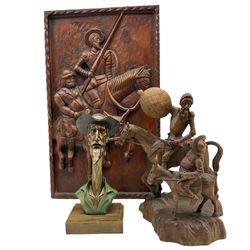 Composite model bust of Don Quixote on base; together with Spanish carved Ouro model of Don Quixote and Sancho Panza on horseback, with another wooden panel max H44cm