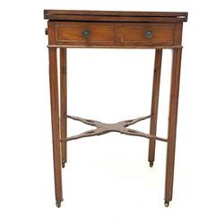 Georgian mahogany occasional table, fold over top over two drawers and two faux drawers, raise on square moulded and chamfered supports with castors, united by 'X' stretcher 39cm x 48cm, H75cm