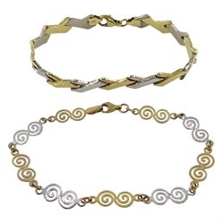 White and yellow gold swirl design link bracelet and one other gold link bracelet, both 9ct hallmarked or stamped, approx 8.7gm