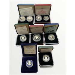The Royal Mint United Kingdom silver proof coins, 1982 piedfort twenty-pence, 1986 Commonwealth Games two pounds, 1989 two pounds two coin set, 1990 five pence two-coin set, 1994 D-Day fifty pence coin, 1994 Tercentenary of the Bank of England two pounds and 1995 Second World War two pounds, all cased with certificates (7)