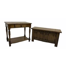 18th century style oak side table with single drawer and turned supports united by stretcher (W80cm) together with an oak blanket box with linen fold carving (W100cm)