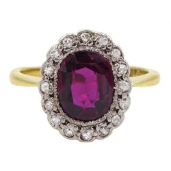 Early 20th century oval cut unheated Thai ruby and old cut diamond cluster ring, stamped, ruby approx 1.30 carat