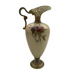 Royal Worcester blush ivory porcelain ewer circa 1906 decorated with roses and floral swags below a pierced neck and spout, shape no. 965 H25cm 