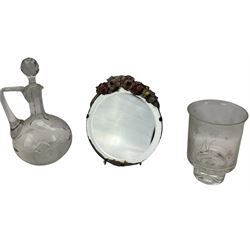 Dartington etched glass vase, small Barbola dressing table mirror, claret jug and other glass
