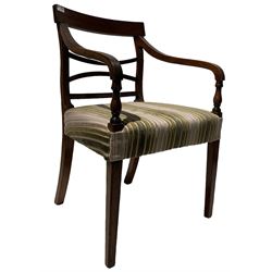Regency mahogany inlaid armchair, with reeded arms over upholstered seat