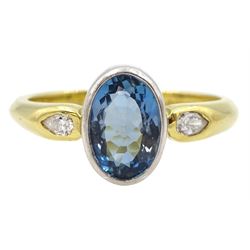 18ct gold three stone oval aquamarine and pear shaped diamond ring, hallmarked, aquamarine approx 1.10 carat