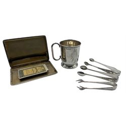 Silver engine turned cigarette case Birmingham 1934, christening mug with loop handle H7cm Birmingham 1903, two pairs of sugar tongs and a pair of plated tongs 
