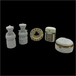 Lladro special edition Privilege Gold salt and pepper pots, in the form of monks, Wedgwood Hidden Treasures Monaco card case, Royal Doulton acec ashtray and Limoges box
