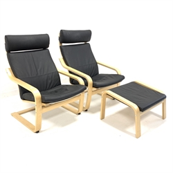  Pair of 'Ikea Poang' lounge chairs with leather upholstered cushions, and a matching Ikea footstool  