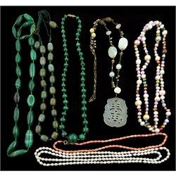 Two malachite bead necklaces, gilt carved jade pendant necklace, two pearl necklaces , coral necklace and one other (7) 