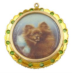 Early 20th century gold demantoid garnet and split pearl circular pendant, with portrait miniature of a Pomeranian to both sides