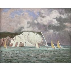 J S Dews (British 20th century): 'Yachts off the Needles - Ferens Hull', oil on board signed, signed and titled verso 19cm x 24cm