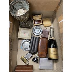 One quarter bottle Invalid Pale Dry Creaming, two vintage leather cigar cases, Victorian oil lamp base moulded with putti, ashtrays, Ronson and other lighters etc in one box
